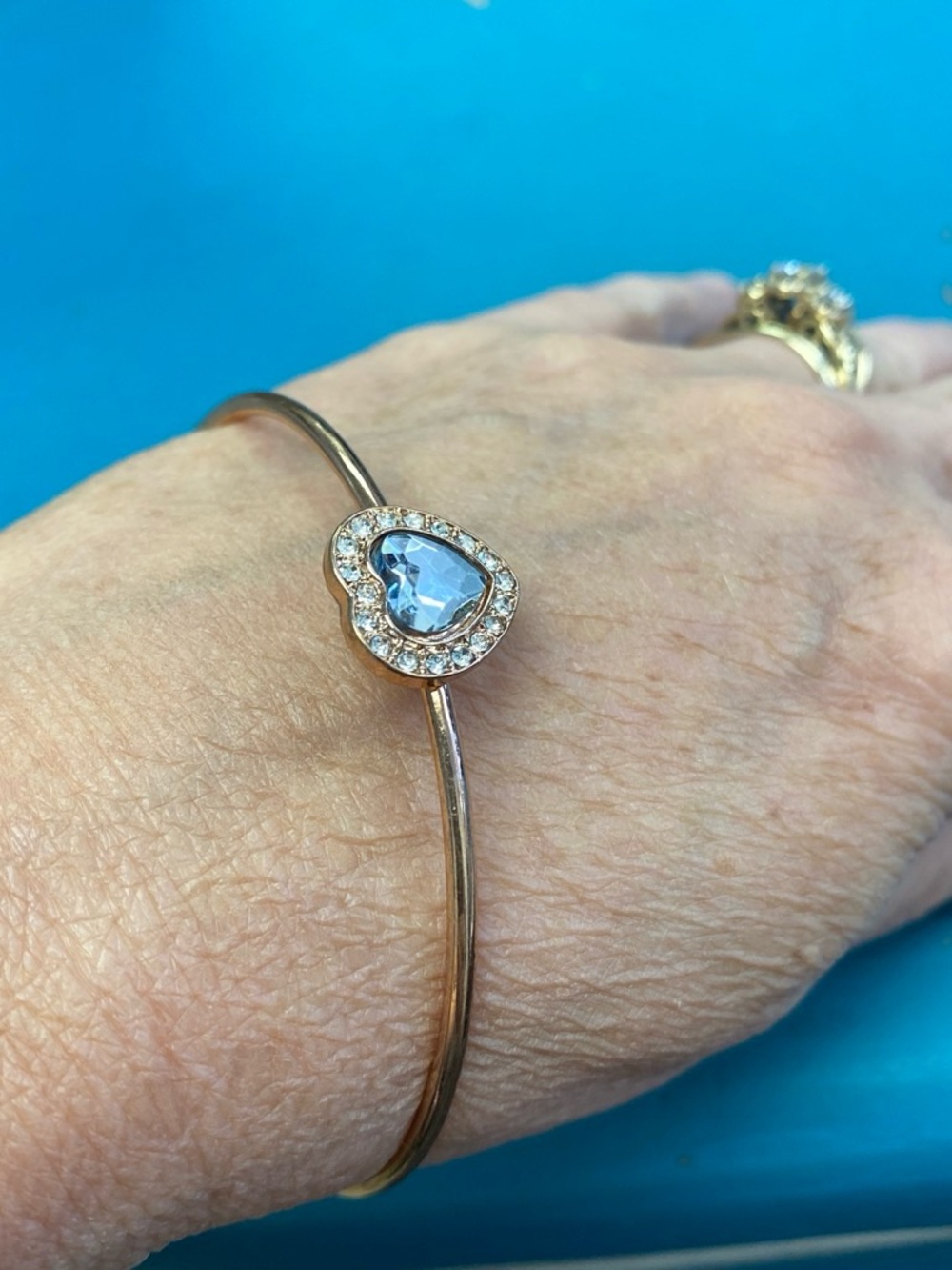 Heart Crystal Bangle Bracelet - Rose Gold with Light Blue Stone
